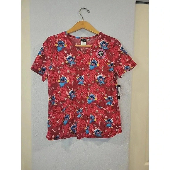Disney Stitch Christmas Scrub Top Stretchy Scrubstar NEW Small - Picture 1 of 5